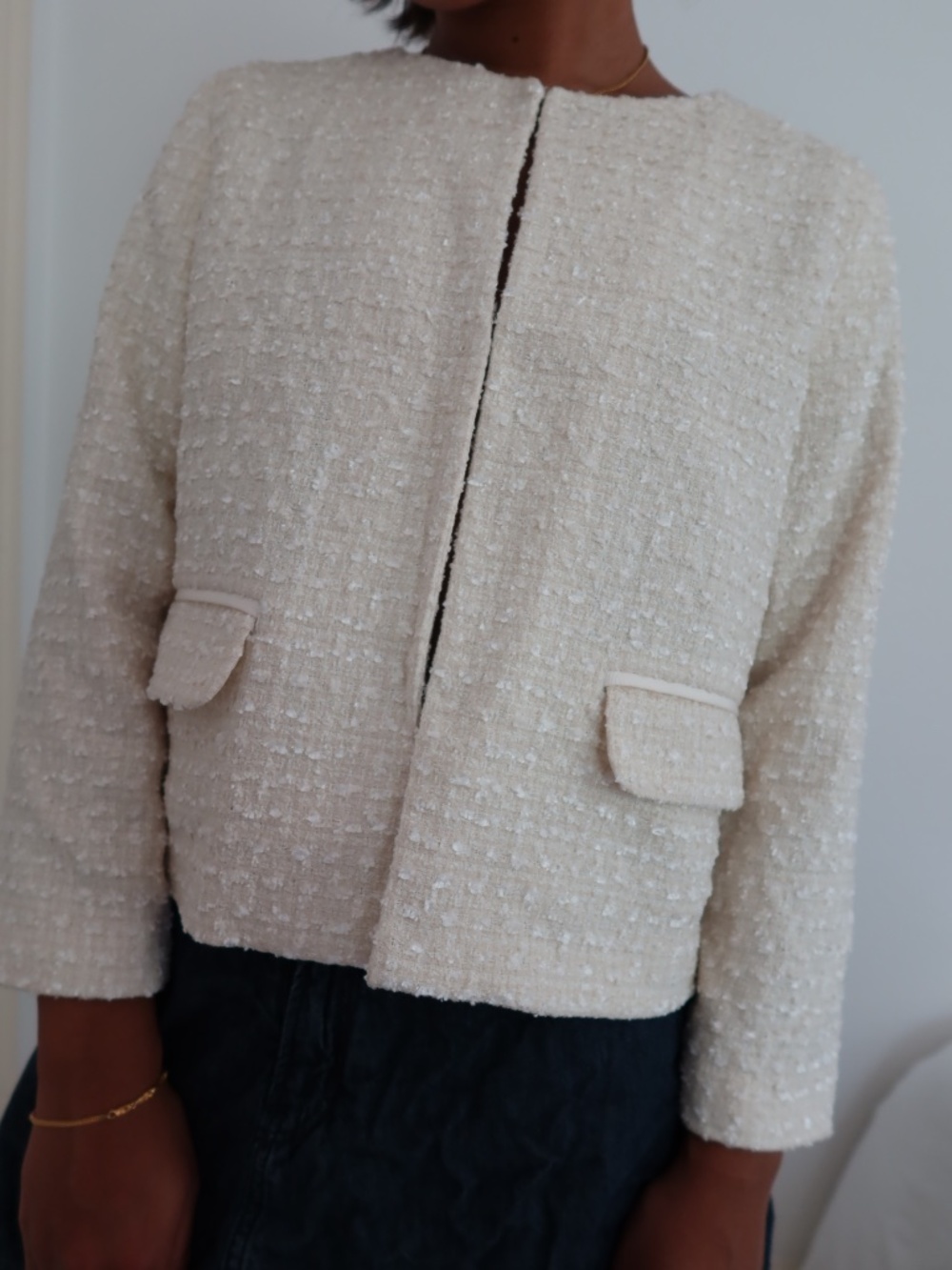 Uniqlo Cream Tweed Collarless Jacket